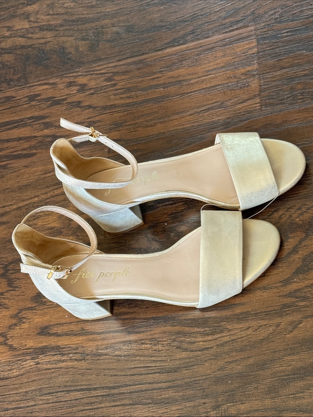 Free People Shimmery Metallic Marigold Open-Toe Ankle-Strap Block Heel Sandals - Picture 2 of 11